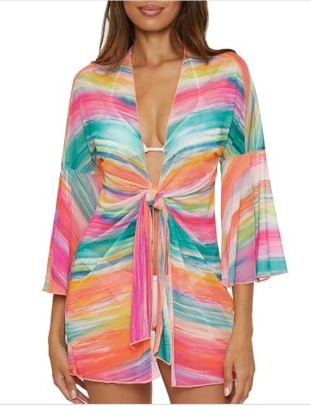 BECCA Multicolor Striped Tie-Front Swim Coverup - Pink, Teal, Orange